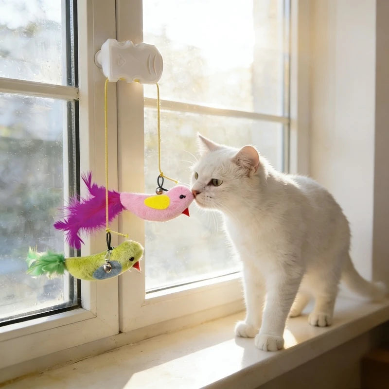 Window Suction Cup Bird Teaser Toy with Bell for Cats