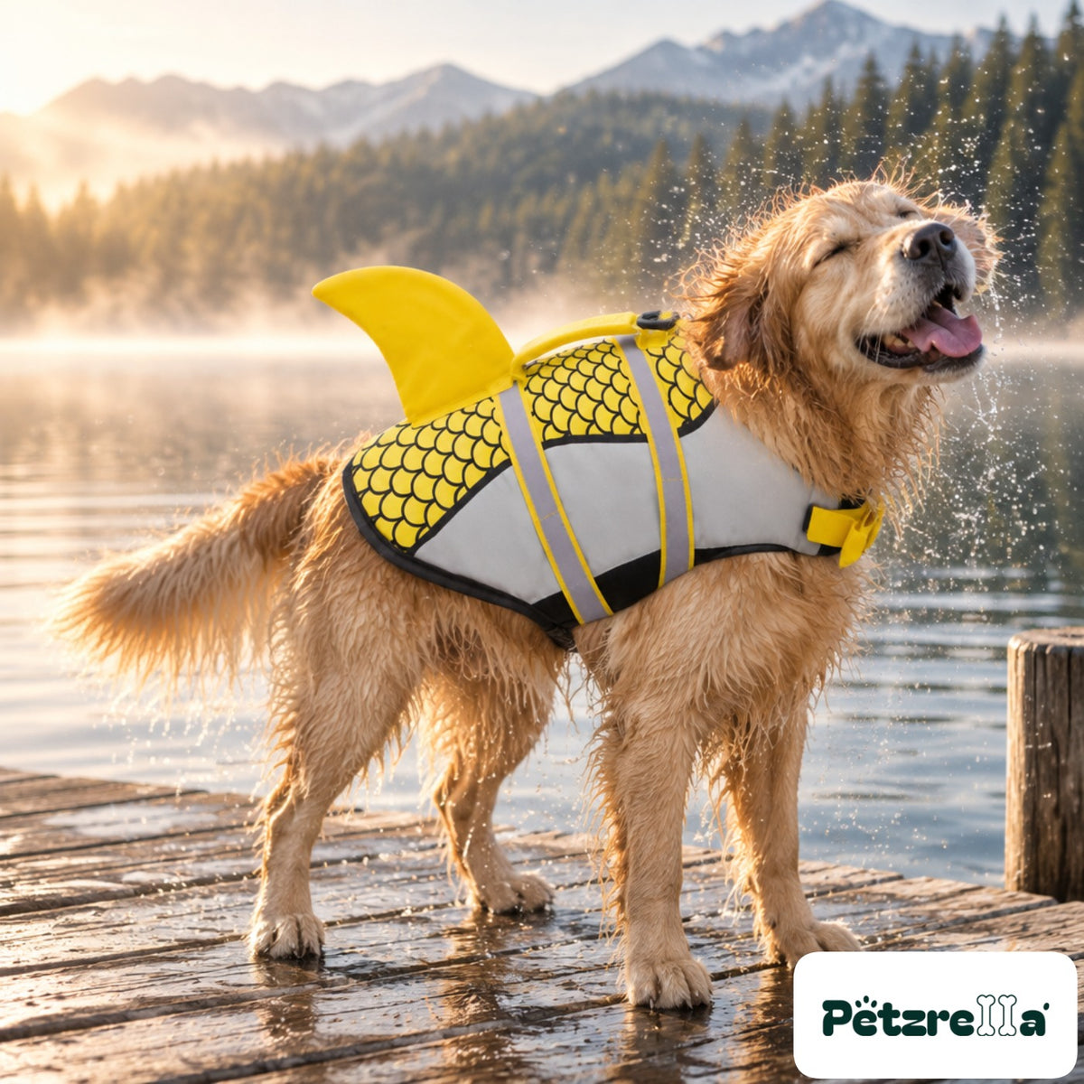 Petzrella Dog Life Jacket in yellow on a Golden Retriever at a lake jetty
