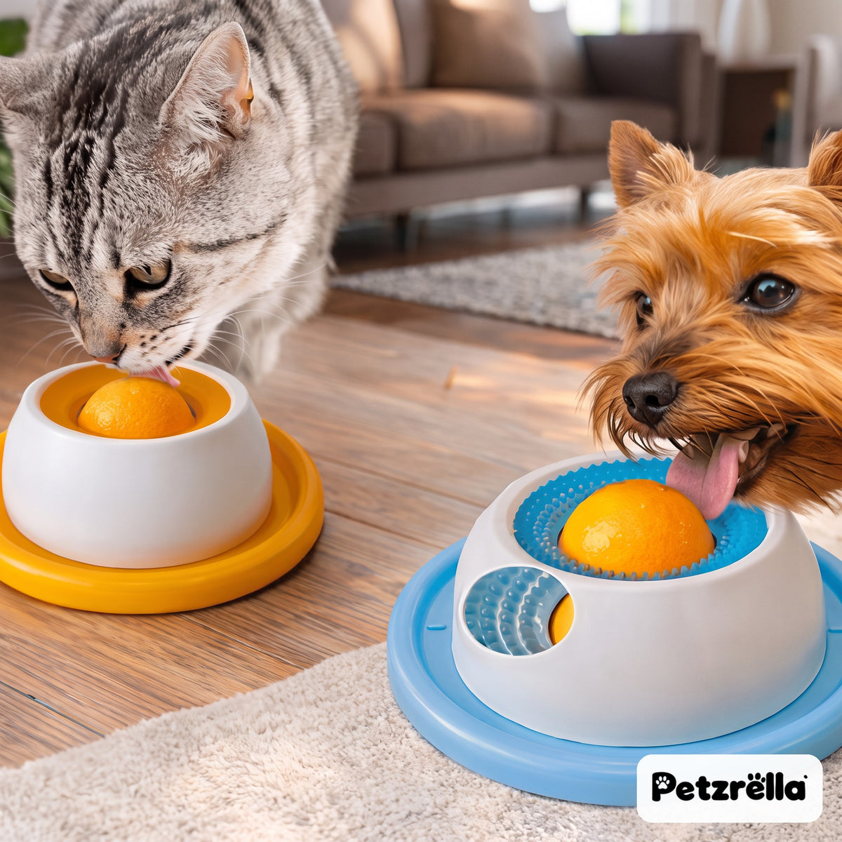 Petzrella lick soothing bowls in orange and blue used by a tabby cat and a Yorkshire terrier