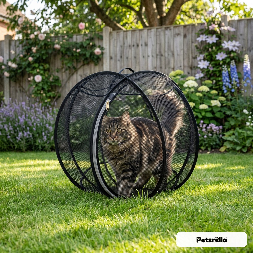 Petzrella Rolling Cat Ball in black, tabby cat exploring the lawn safely inside the mesh