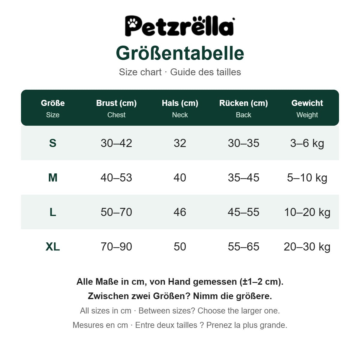 Petzrella Dog Recovery Suit size chart in cm