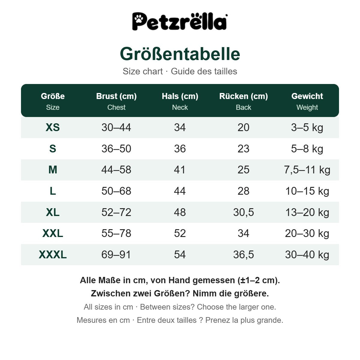 Petzrella Dog Calming Vest size chart in cm