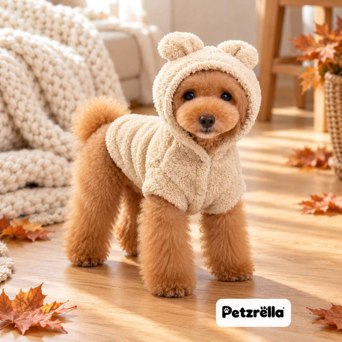 Petzrella Cuddle Bear Hoodie in beige on a poodle in a cosy living room