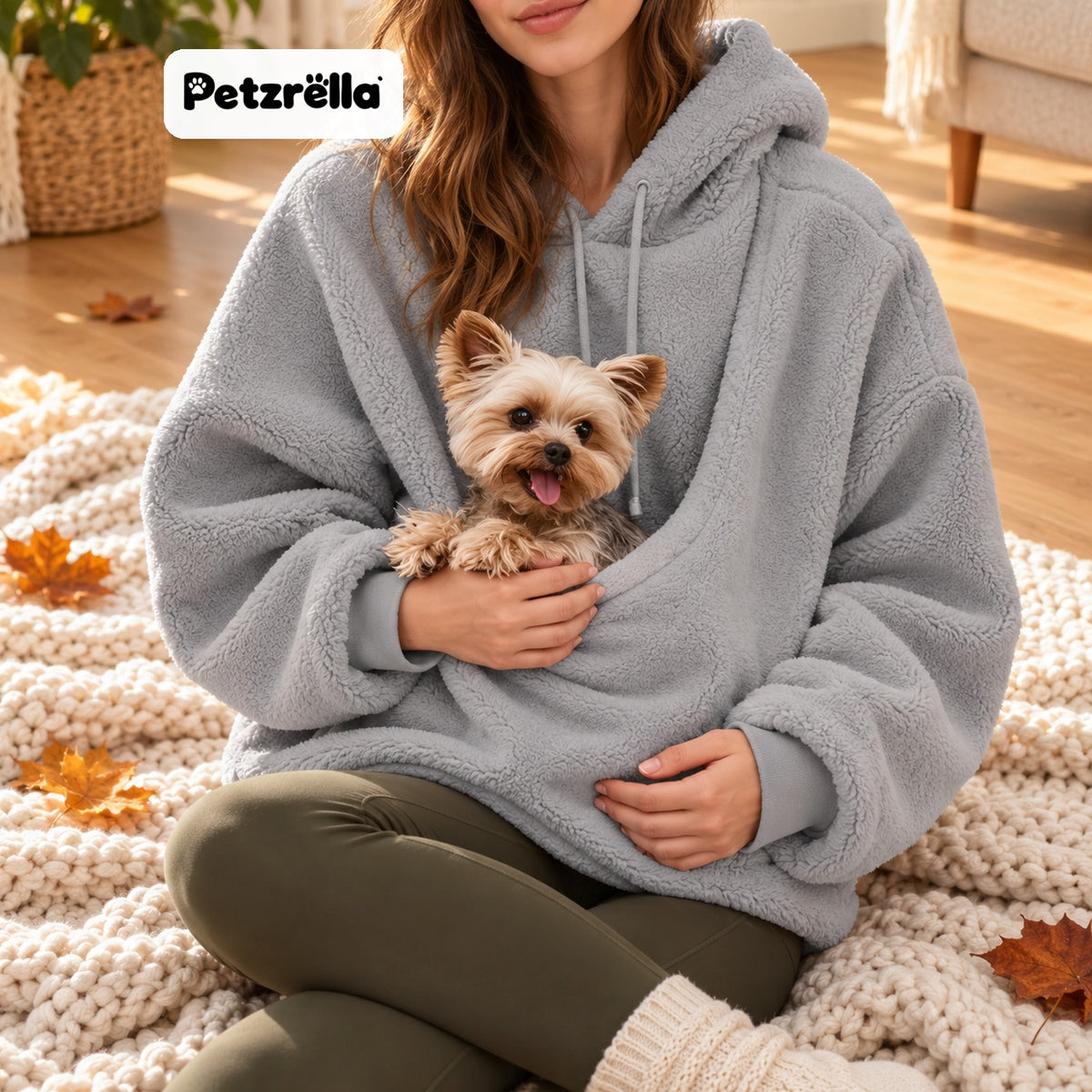 Petzrella Pet Carrier Hoodie in grey with a Yorkshire Terrier in the pouch