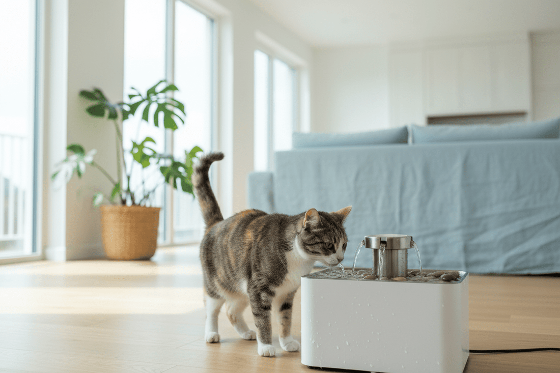 Cat drinking from a water fountain on a hot summer day