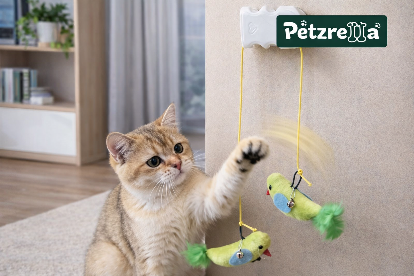 Petzrella Fenster-Saugnapf-Vogel-Teaser-Spielzeug mit Glöckchen für Katzen