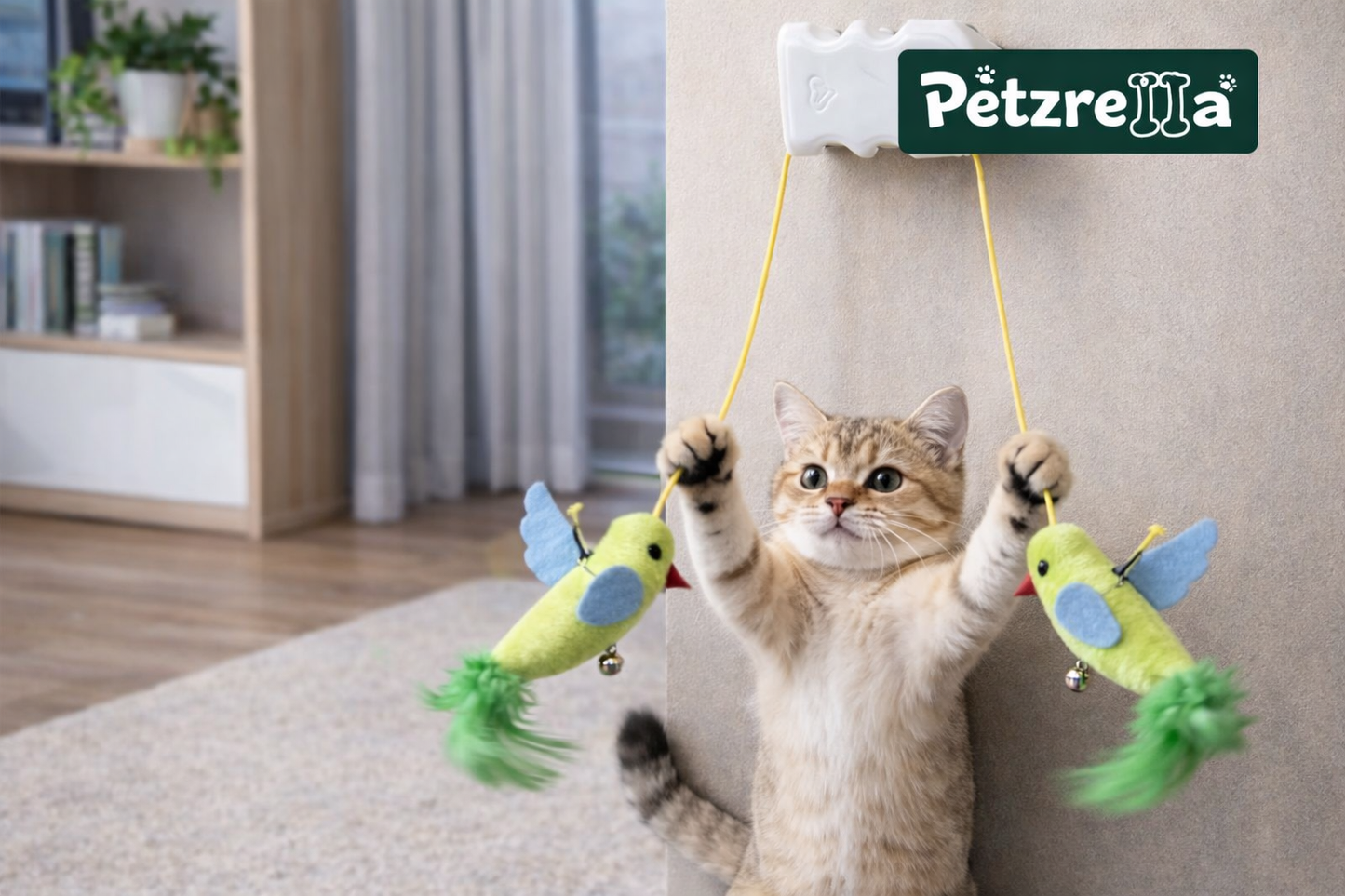 Petzrella Fenster-Saugnapf-Vogel-Teaser-Spielzeug mit Glöckchen für Katzen