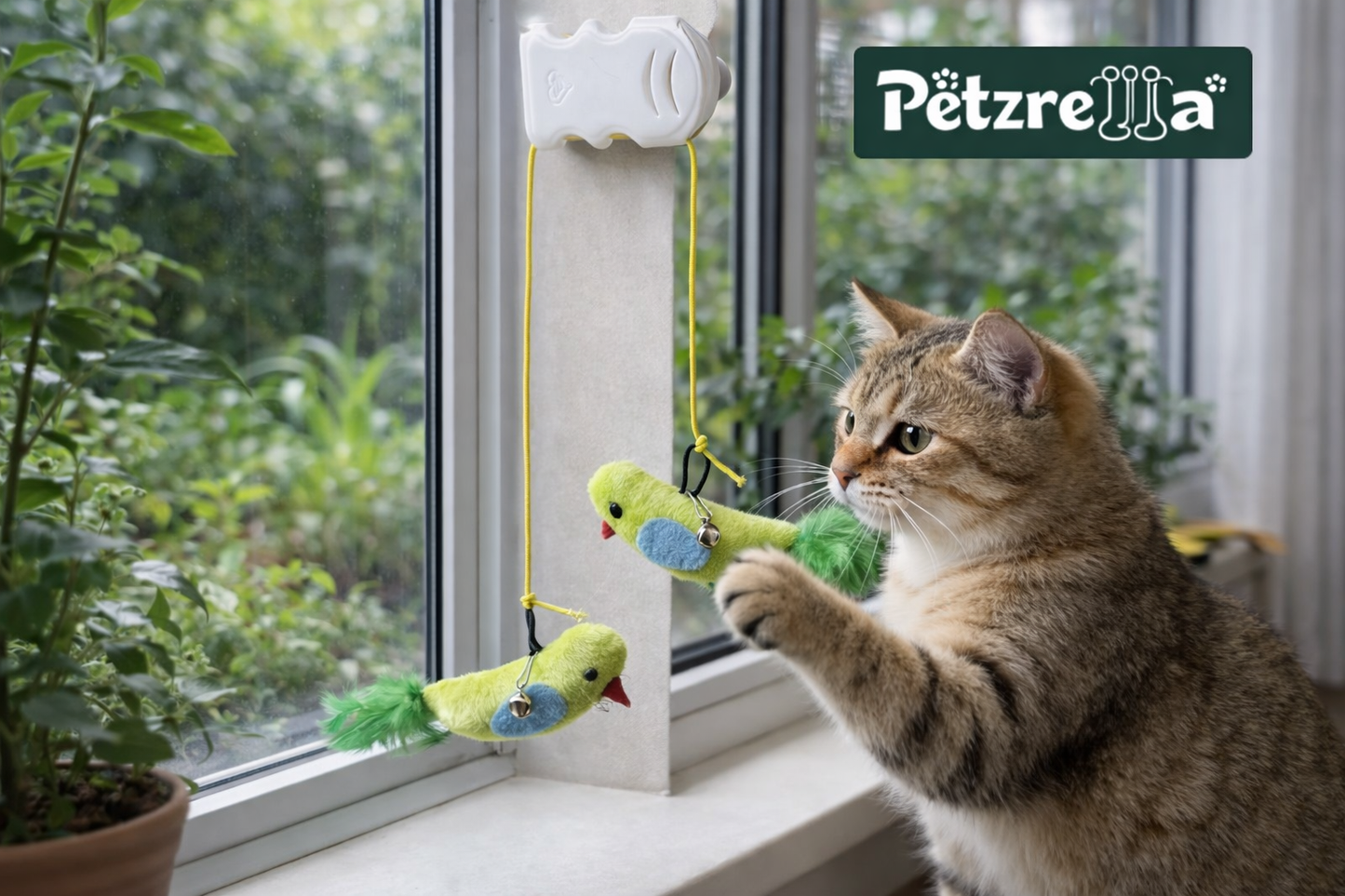 Petzrella Fenster-Saugnapf-Vogel-Teaser-Spielzeug mit Glöckchen für Katzen