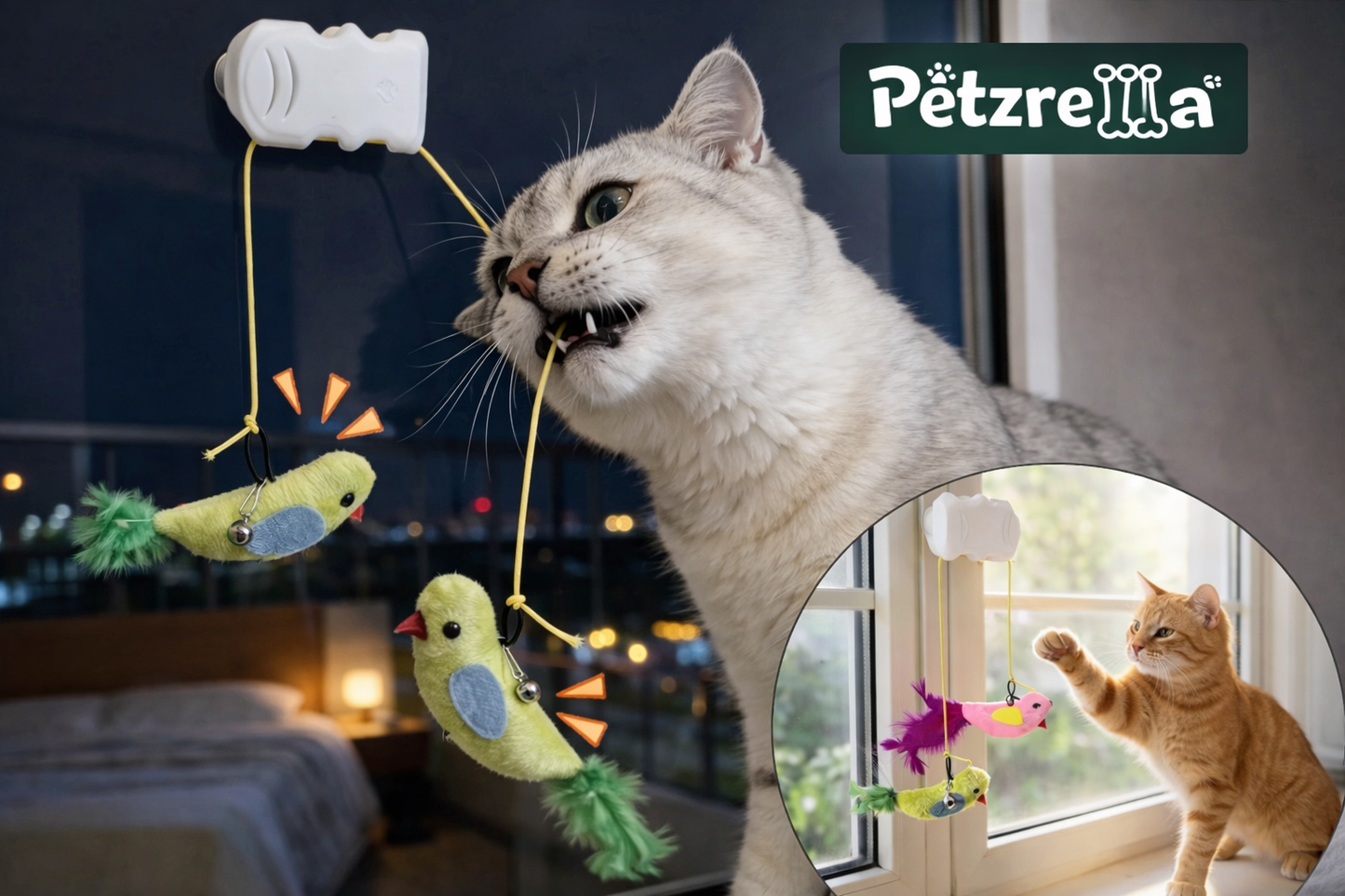 Petzrella Fenster-Saugnapf-Vogel-Teaser-Spielzeug mit Glöckchen für Katzen