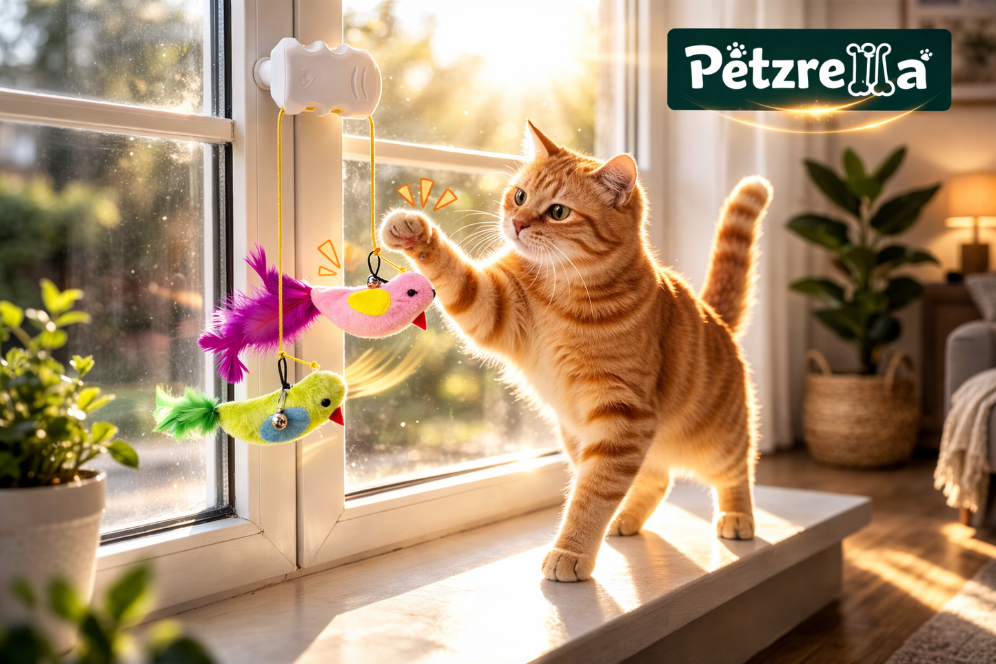 Petzrella Fenster-Saugnapf-Vogel-Teaser-Spielzeug mit Glöckchen für Katzen