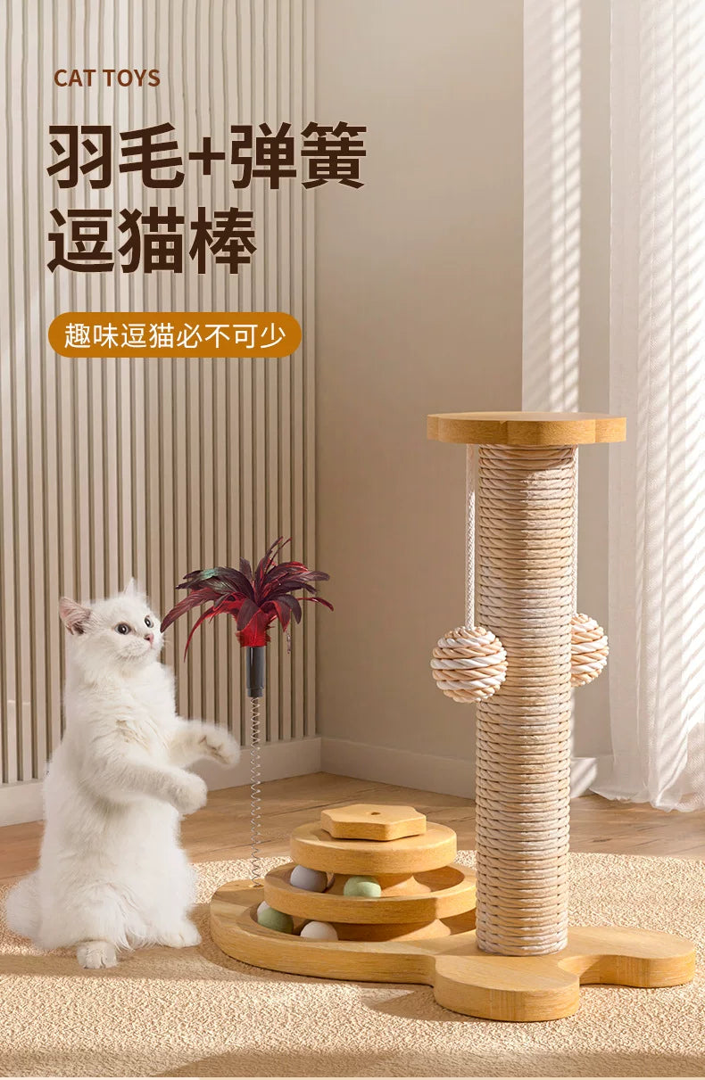 Wooden Cat Scratching Post with Play Pole