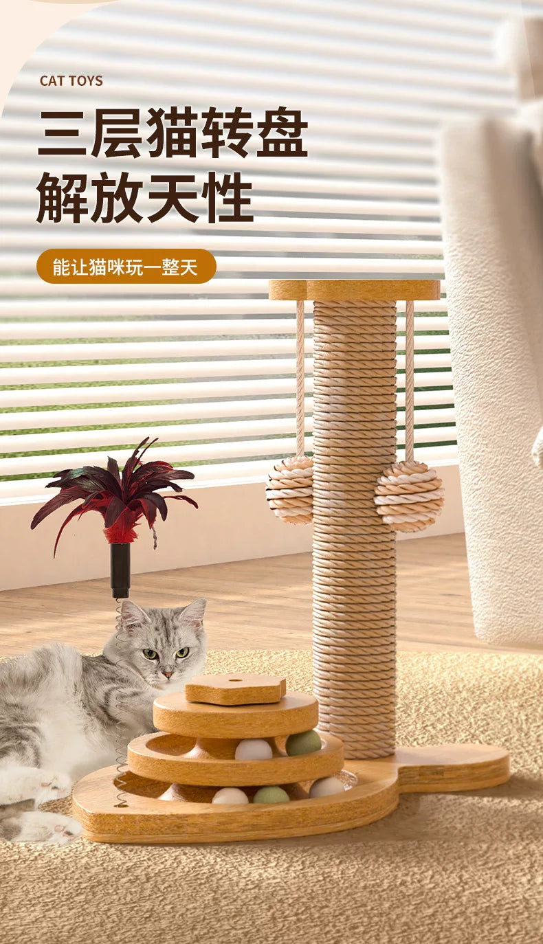 Wooden Cat Scratching Post with Play Pole