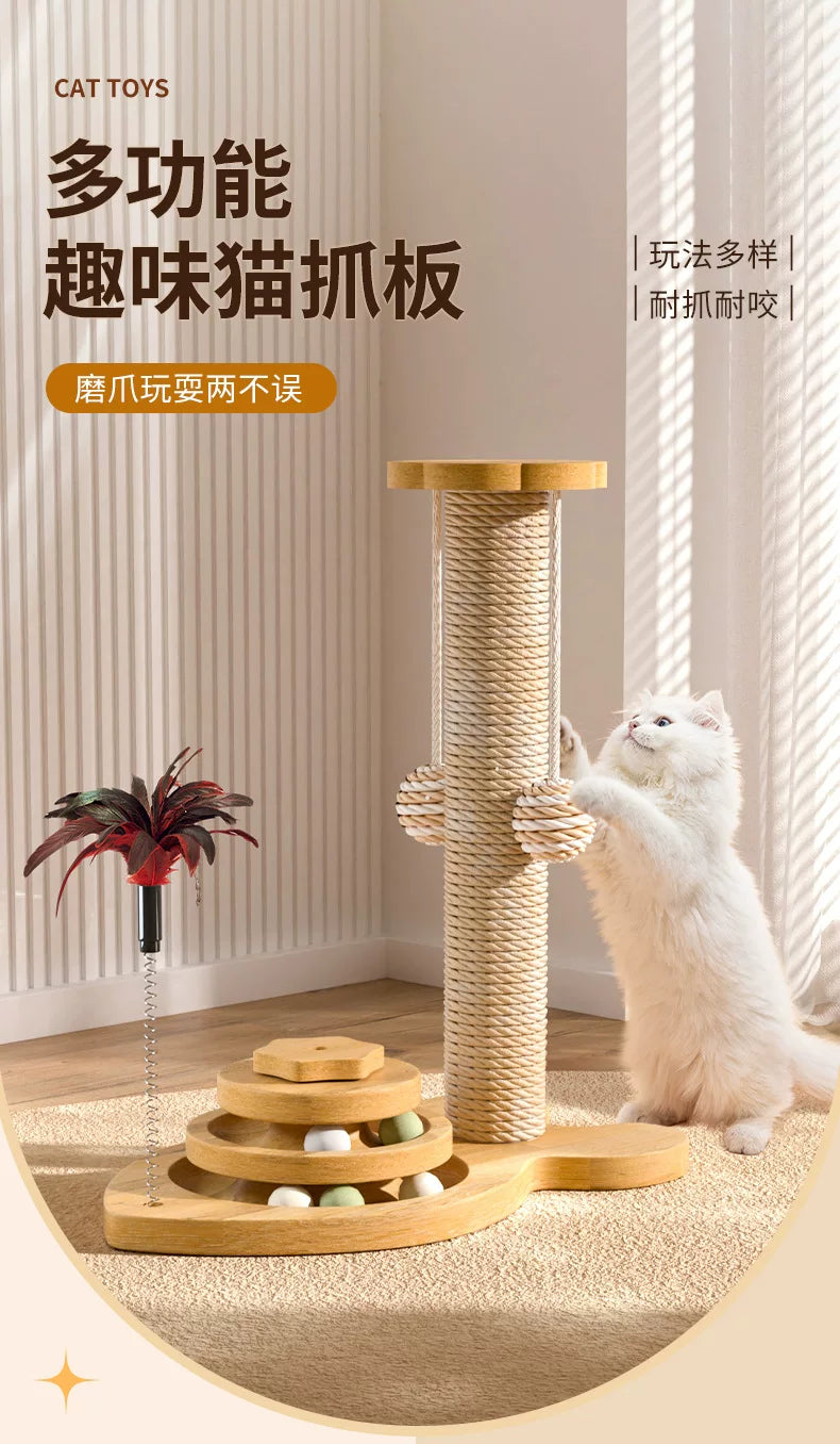 Wooden Cat Scratching Post with Play Pole