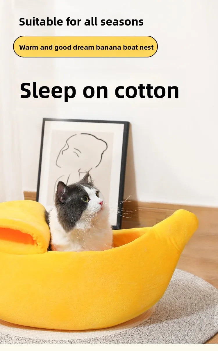 Banana-Shaped Plush Cat Bed