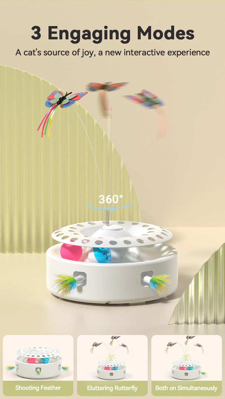 3-in-1 Interactive Cat Toy with Rotating Feather & Balls