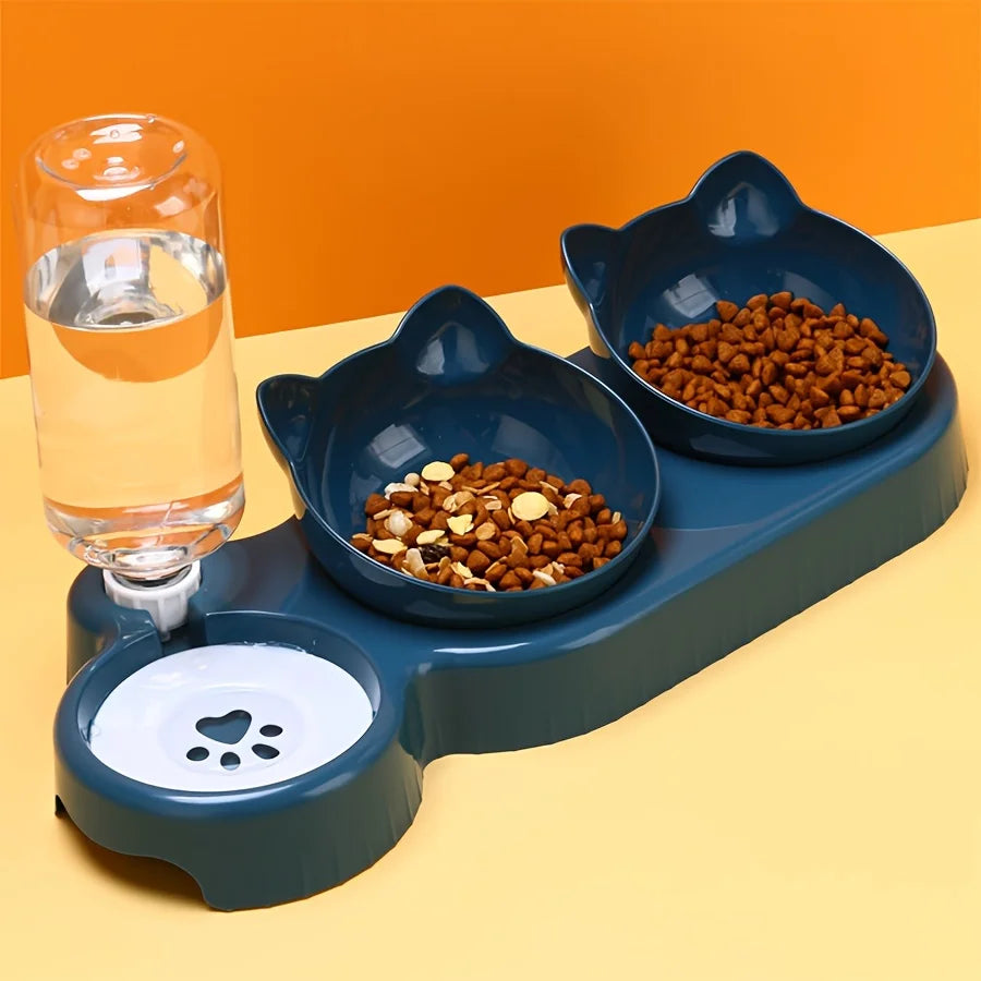 Double Food Bowl with Water Dispenser for Cats