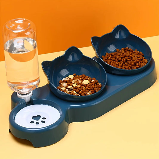 Double Food Bowl with Water Dispenser for Cats