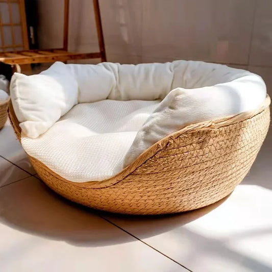 Breathable Cotton Pet Bed with Woven Basket Design