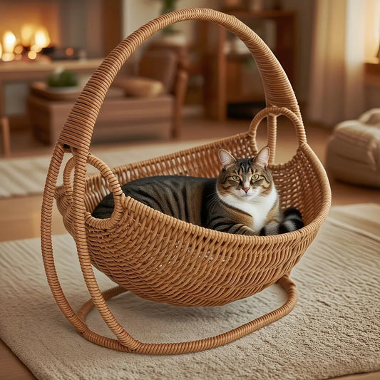 Woven Basket Cat Bed with Handle Frame