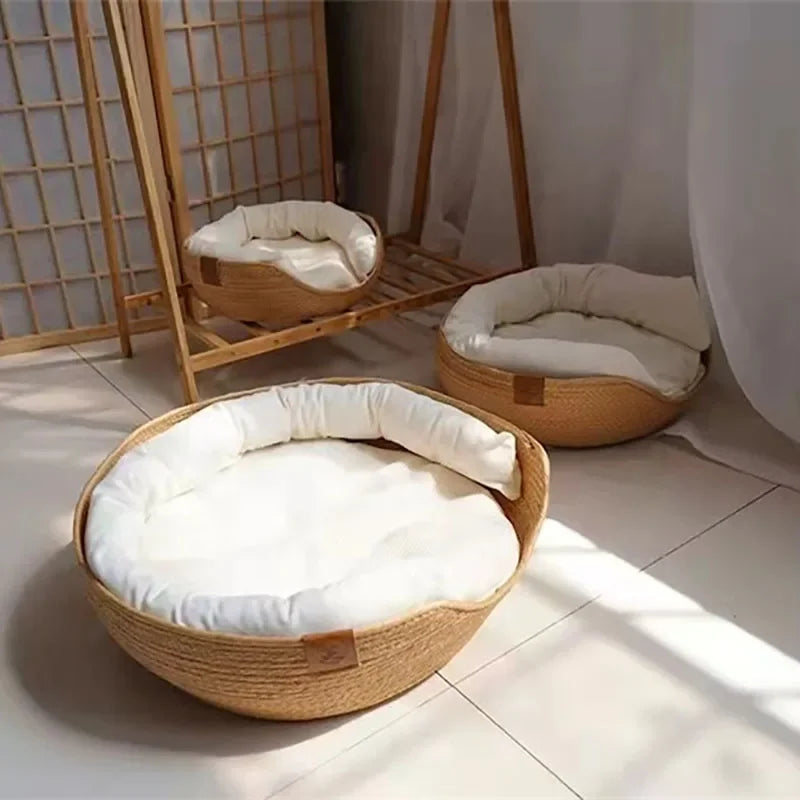 Breathable Cotton Pet Bed with Woven Basket Design