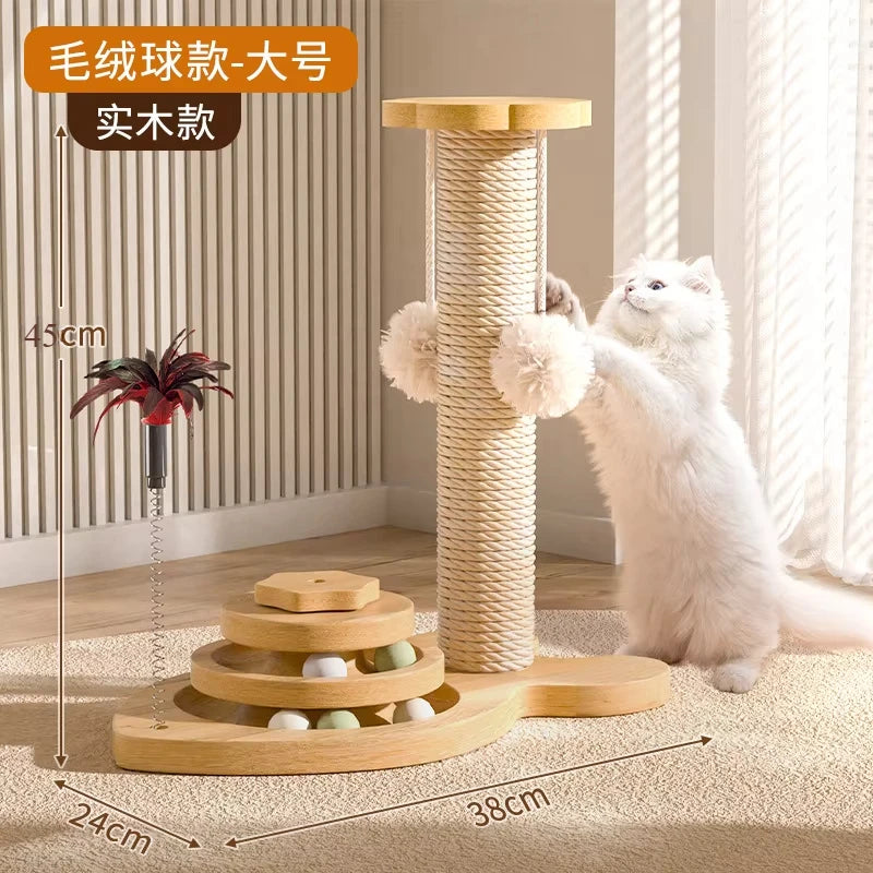 Wooden Cat Scratching Post with Play Pole