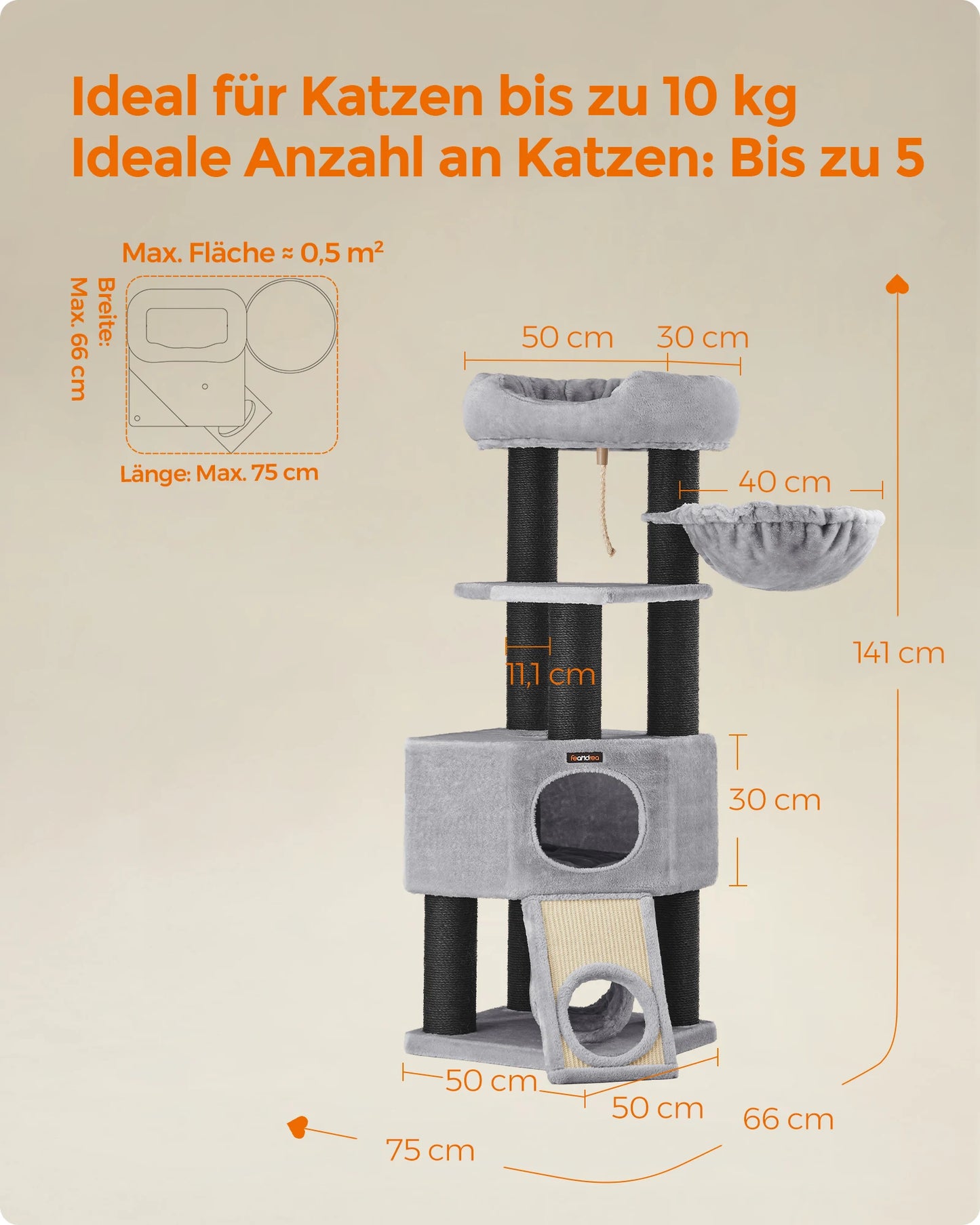 Petzrella XL Cat Tree Tower – 141cm Stable Multi-Level Scratching Post