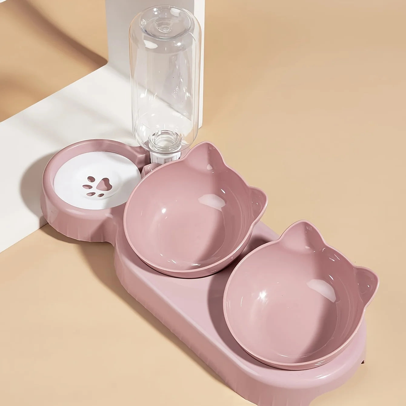 Double Food Bowl with Water Dispenser for Cats