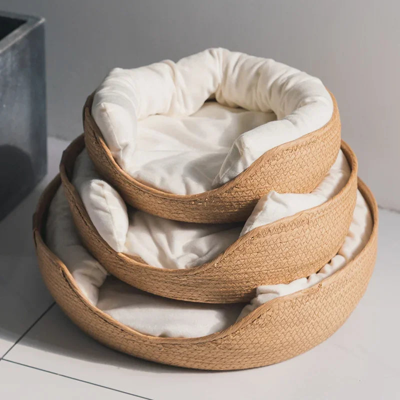 Breathable Cotton Pet Bed with Woven Basket Design