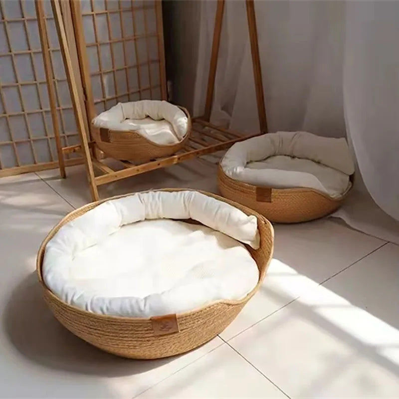 Breathable Cotton Pet Bed with Woven Basket Design