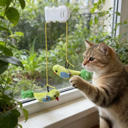 Window Suction Cup Bird Teaser Toy with Bell for Cats