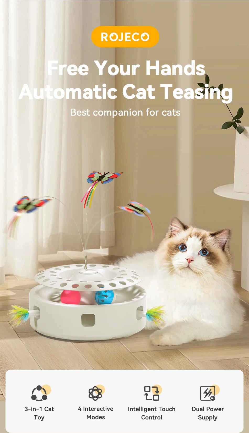 3-in-1 Interactive Cat Toy with Rotating Feather & Balls
