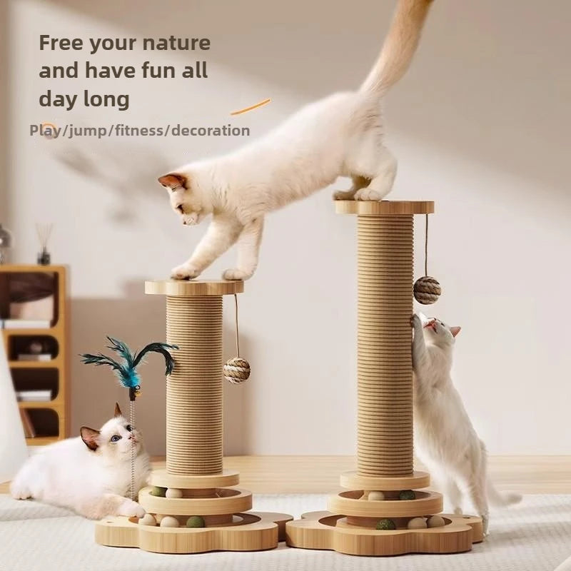 Wooden Cat Scratching Post with Play Pole