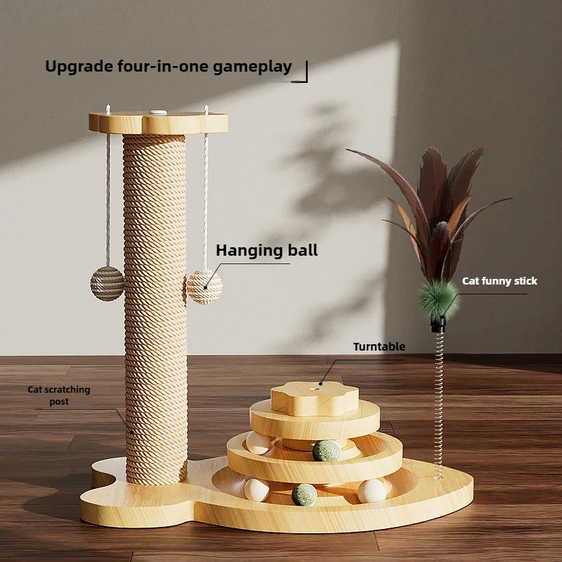 Wooden Cat Scratching Post with Play Pole