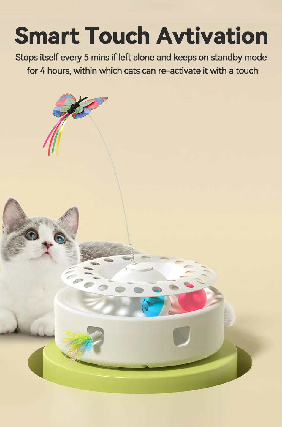 3-in-1 Interactive Cat Toy with Rotating Feather & Balls