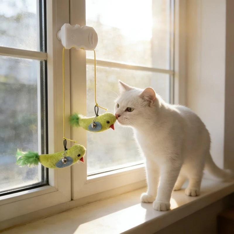 Window Suction Cup Bird Teaser Toy with Bell for Cats