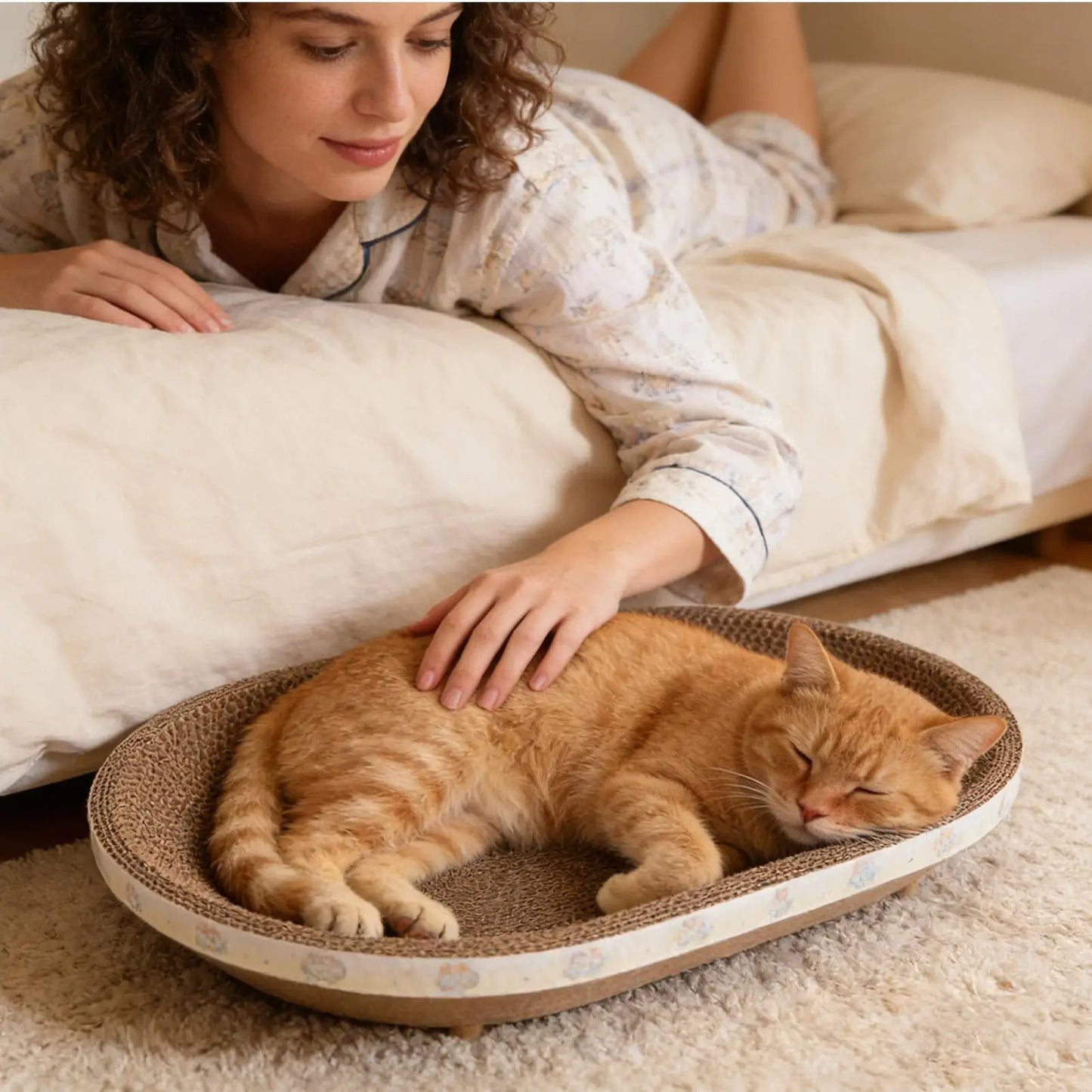 Petzrella 2-in-1 Ovaler Kratzbaum aus Karton und Liegebett für Katzen