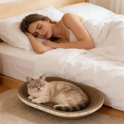 Petzrella 2-in-1 Ovaler Kratzbaum aus Karton und Liegebett für Katzen