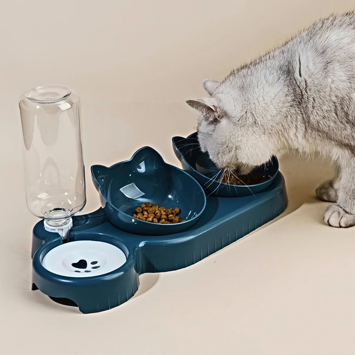 Double Food Bowl with Water Dispenser for Cats