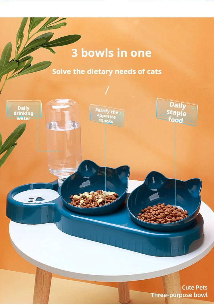 Double Food Bowl with Water Dispenser for Cats