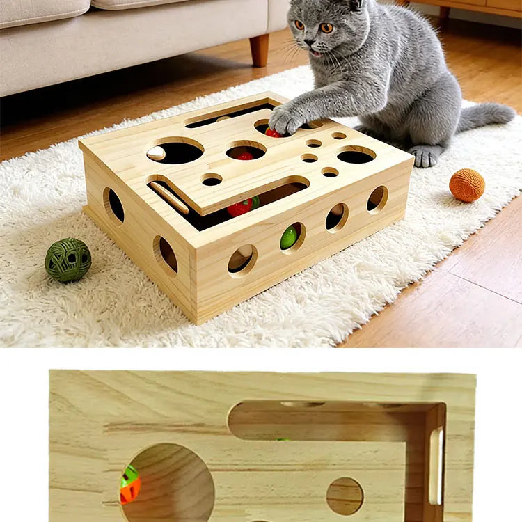 Wooden Cat Puzzle Box with Balls