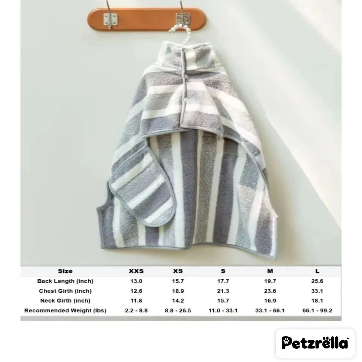 Petzrella Dog Bathrobe size chart