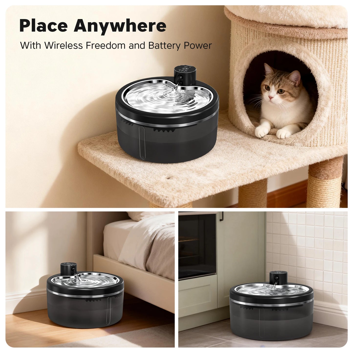Petzrella 3L kabelloser Katzenbrunnen mit Edelstahlschale und Smart Sensor