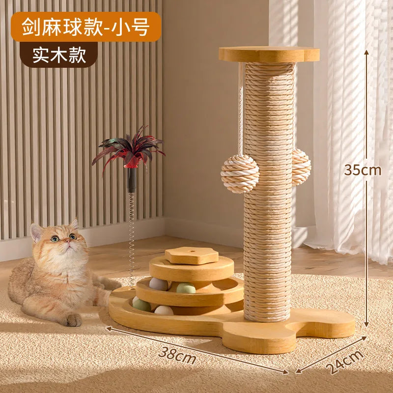 Wooden Cat Scratching Post with Play Pole