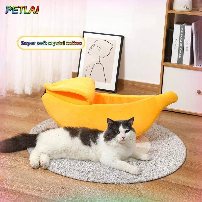 Banana-Shaped Plush Cat Bed