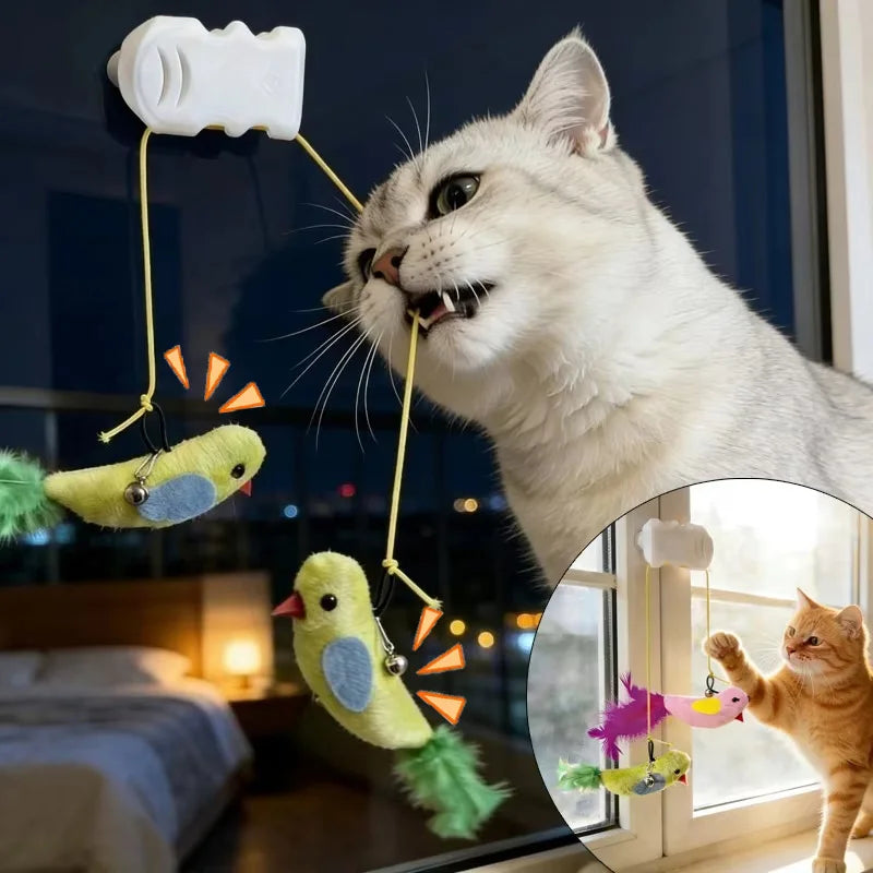 Window Suction Cup Bird Teaser Toy with Bell for Cats