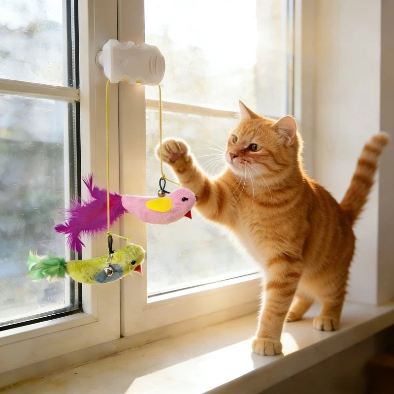 Window Suction Cup Bird Teaser Toy with Bell for Cats