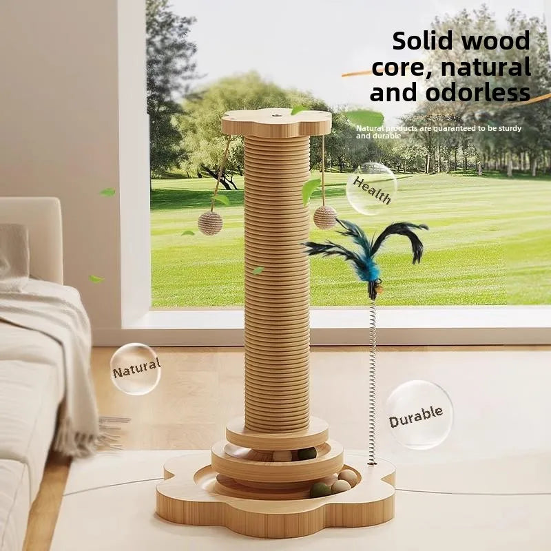 Wooden Cat Scratching Post with Play Pole