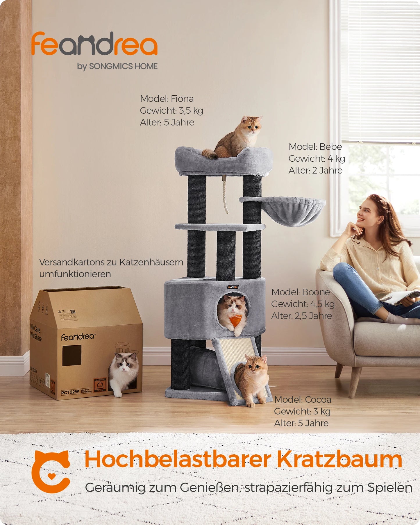 Petzrella XL Cat Tree Tower – 141cm Stable Multi-Level Scratching Post