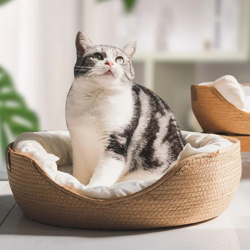 Breathable Cotton Pet Bed with Woven Basket Design