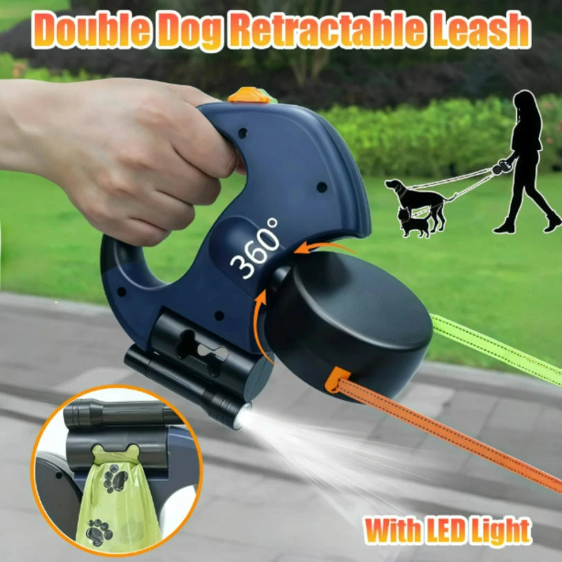 Petzrella Auto-Retractable Double Dog Leash 3M with LED Light & Waste Bag Dispenser